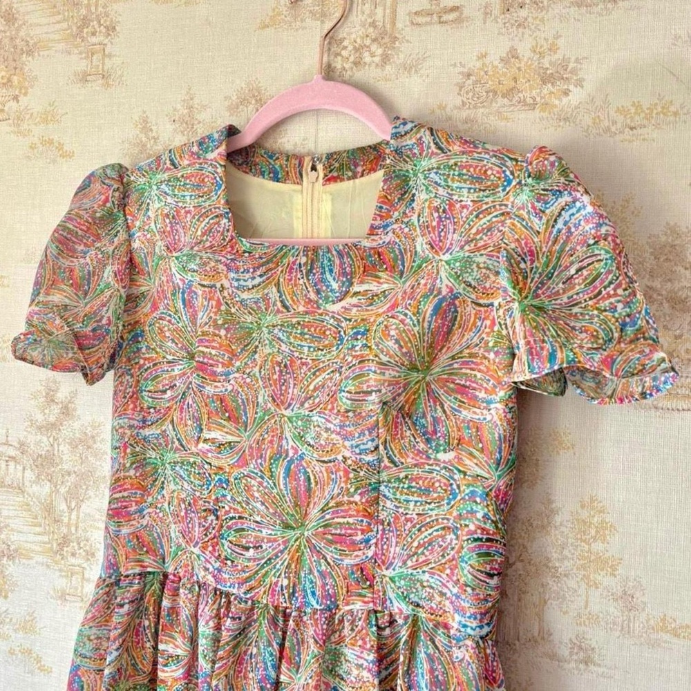 Vintage 50s 60s rainbow floral print short sleeve square neck midi party dress